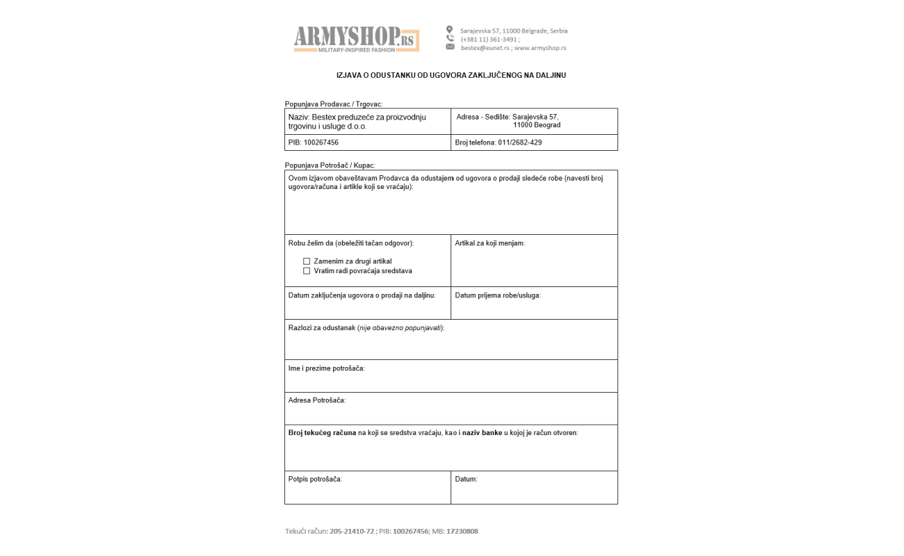 izjava odustanak od ugovora